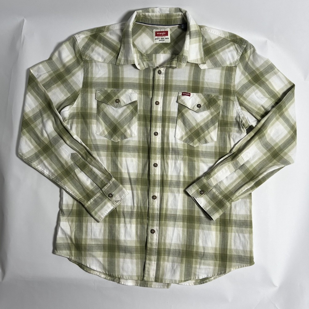 Wrangler Men's L Green Plaid Cotton Long Sleeve Button-Up Point Collar Pockets